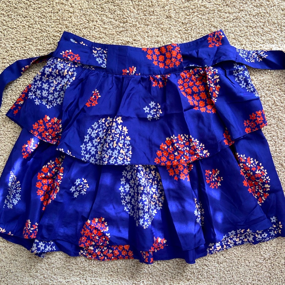 Anthropologie Odille Blue Floral Print Tiered Ruffle Flared Silk Skirt